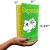 Green popcorn bag 3oz with dimensions in hand